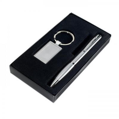 KELLY Plastikowy długopis i aluminiowy brelok w etui srebrny
